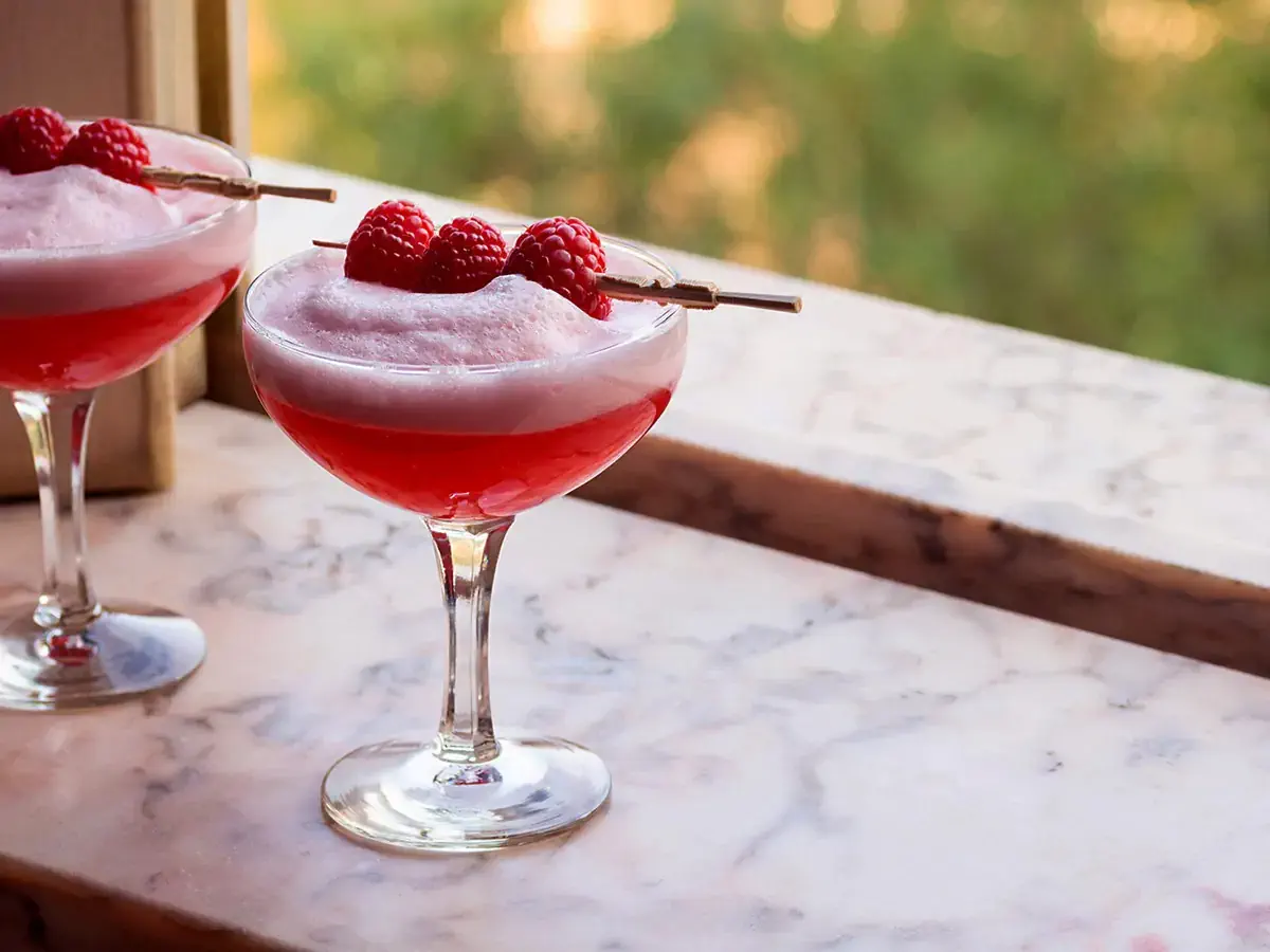 A Clover Club cocktail, originating in a restaurant of the same name in Philadelphia in the late 1800s, is a drink made with gin, dry vermouth, lemon juice, egg white, and raspberries. Served in a coupe glass in a marble windowsill with trees and foliage out of focus in the background.