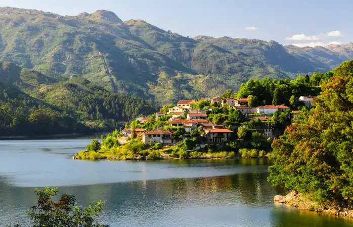 scenic view of Cavado river and Peneda-Geres National Park in northern Portugal.