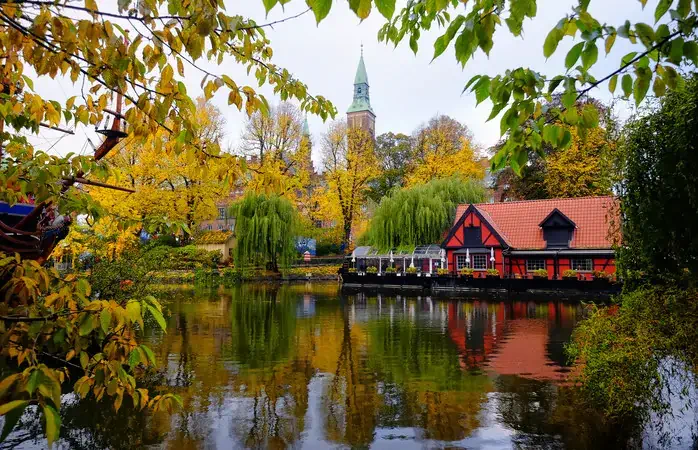 Autumn leaves from Tivoli in Copenhagen, Denmark. City Hall is in the background.